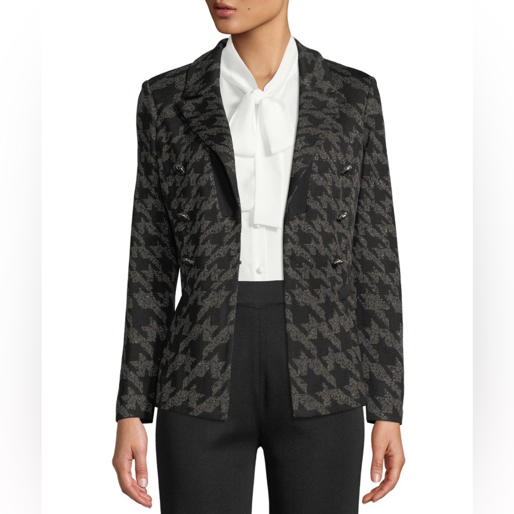 MISOOK Plus Size Houndstooth Knit Blazer Jacket Black White Size 1X